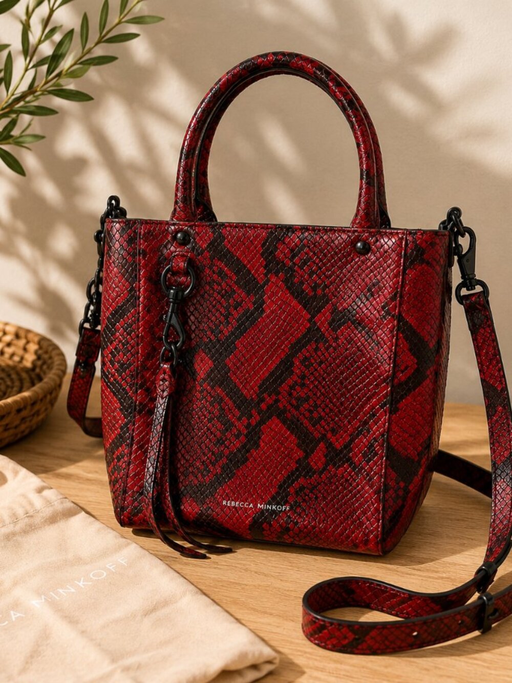 Rebecca Minkoff Red Snakeskin Tote Crossbody Handbag + Dust Bag